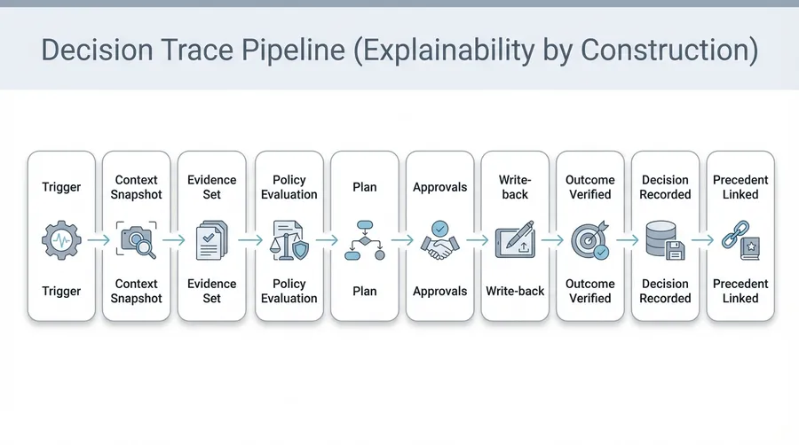 Decision Trace Pipeline — Trigger, Context, Evidence, Policy, Approvals