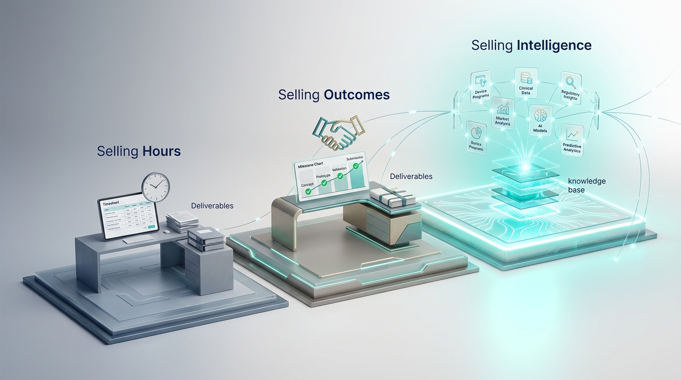 Three-tier framework showing consultancy evolution from hours to outcomes to intelligence