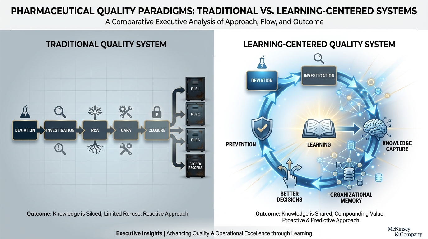 Traditional linear deviation workflow contrasted with a learning-centered quality system where knowledge compounds over time.