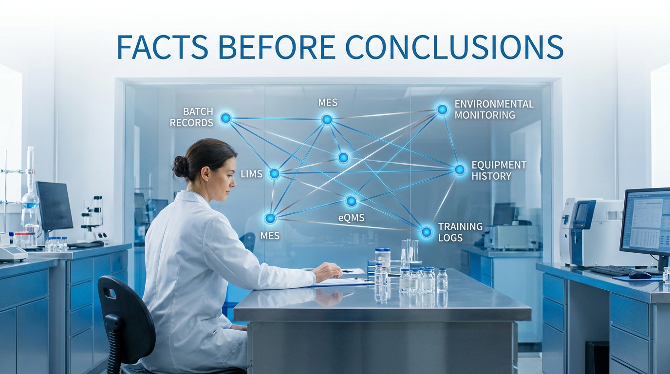 A pharmaceutical investigator surrounded by connected evidence sources — batch records, LIMS, MES, eQMS, training, equipment history, and environmental monitoring.