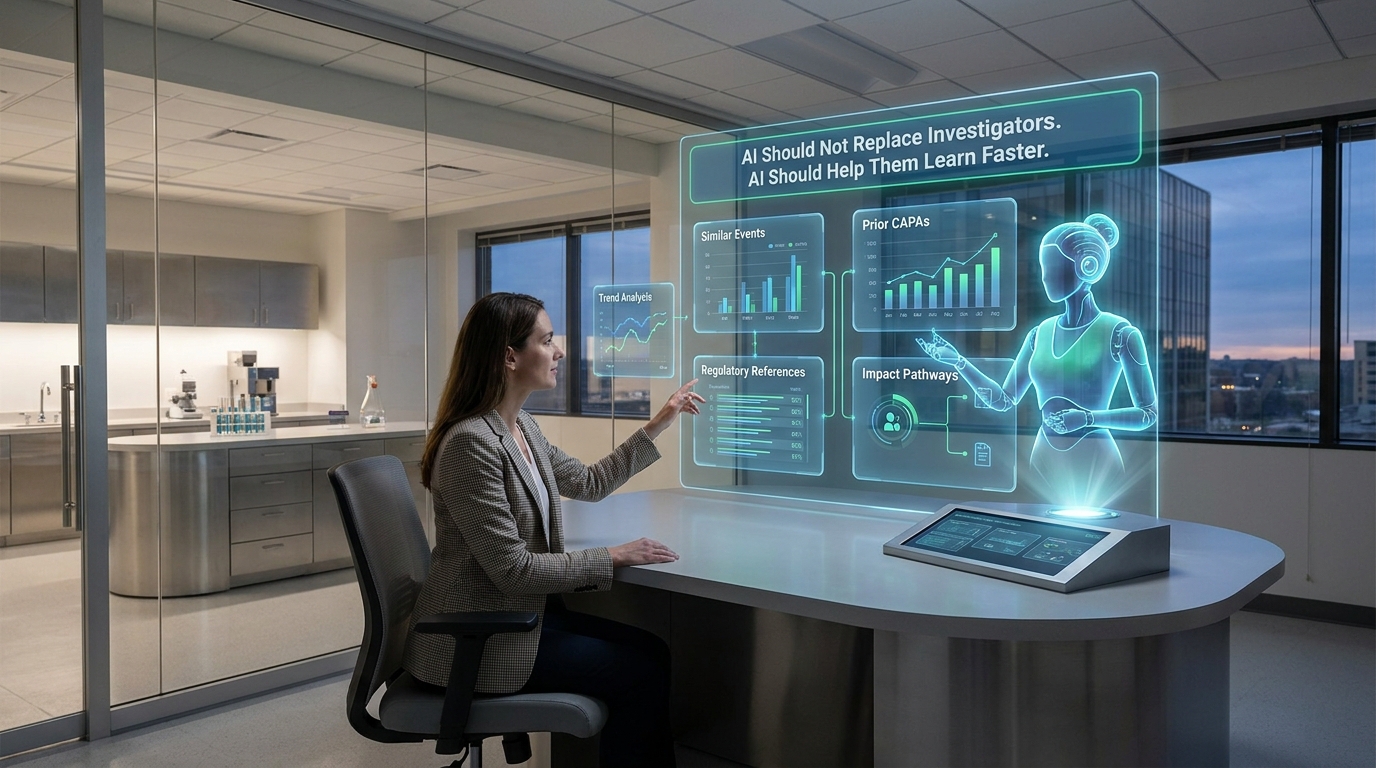 An investigator and AI working together, with AI surfacing similar events, prior CAPAs, trends, regulatory references, and potential impact pathways while the investigator remains the decision maker.