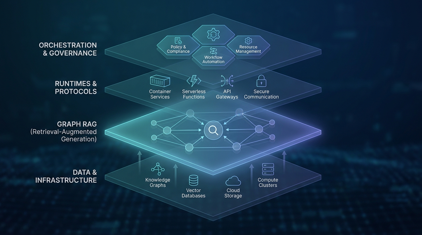 Simplified enterprise agentic platform architecture stack showing runtimes, protocols, GraphRAG, workflows, and orchestration layers