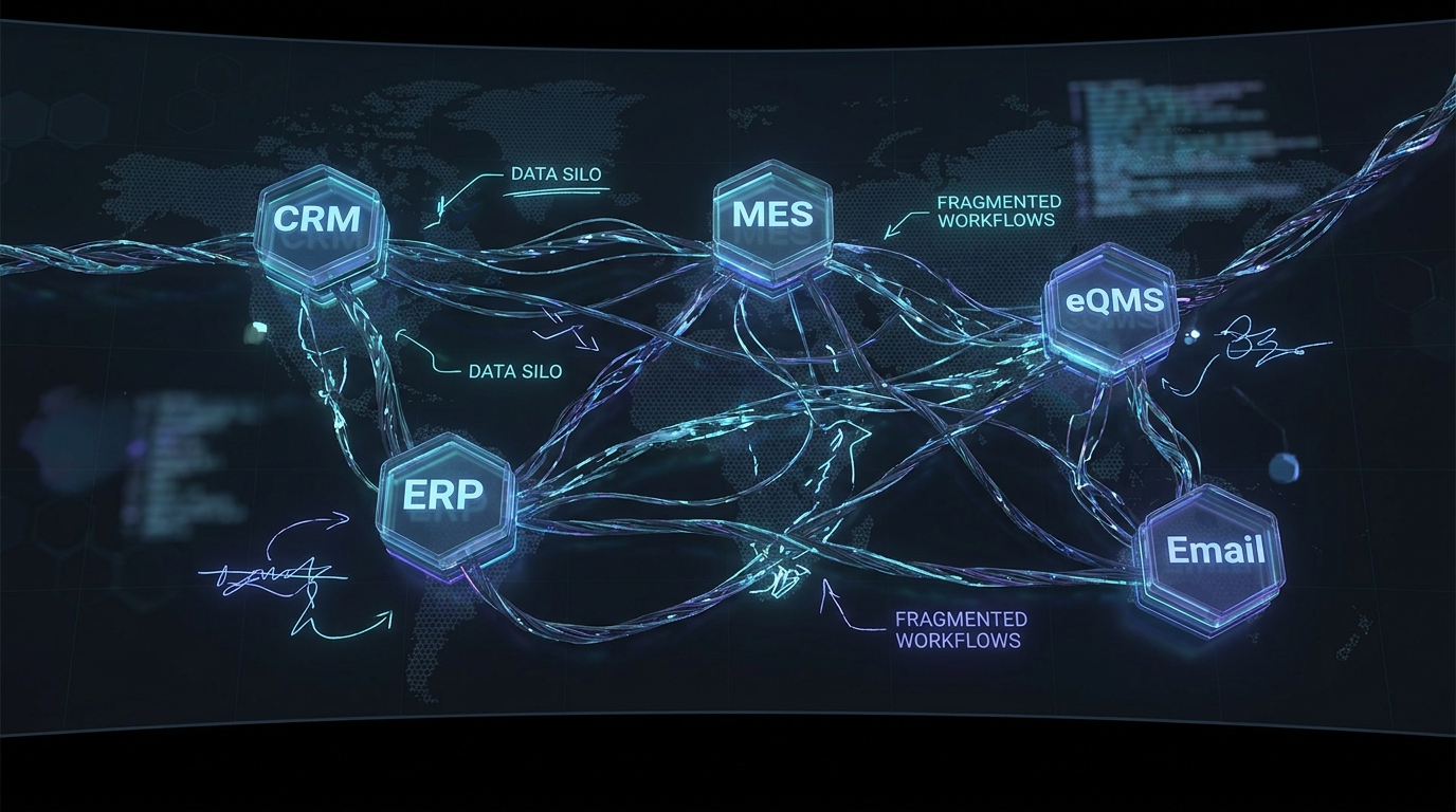 Enterprise fragmentation map showing CRM, ERP, MES, eQMS, SharePoint, Teams, Jira, Email, ServiceNow, and tribal knowledge connected by chaotic integration lines