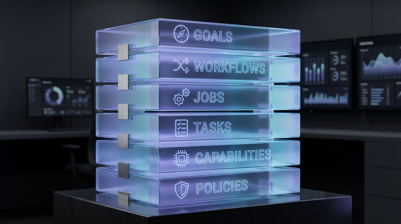 Layered semantic control plane showing Goals, Workflows, Jobs, Tasks, Capabilities, Skills, Policies, Actions, and Outcomes as interconnected governance layers