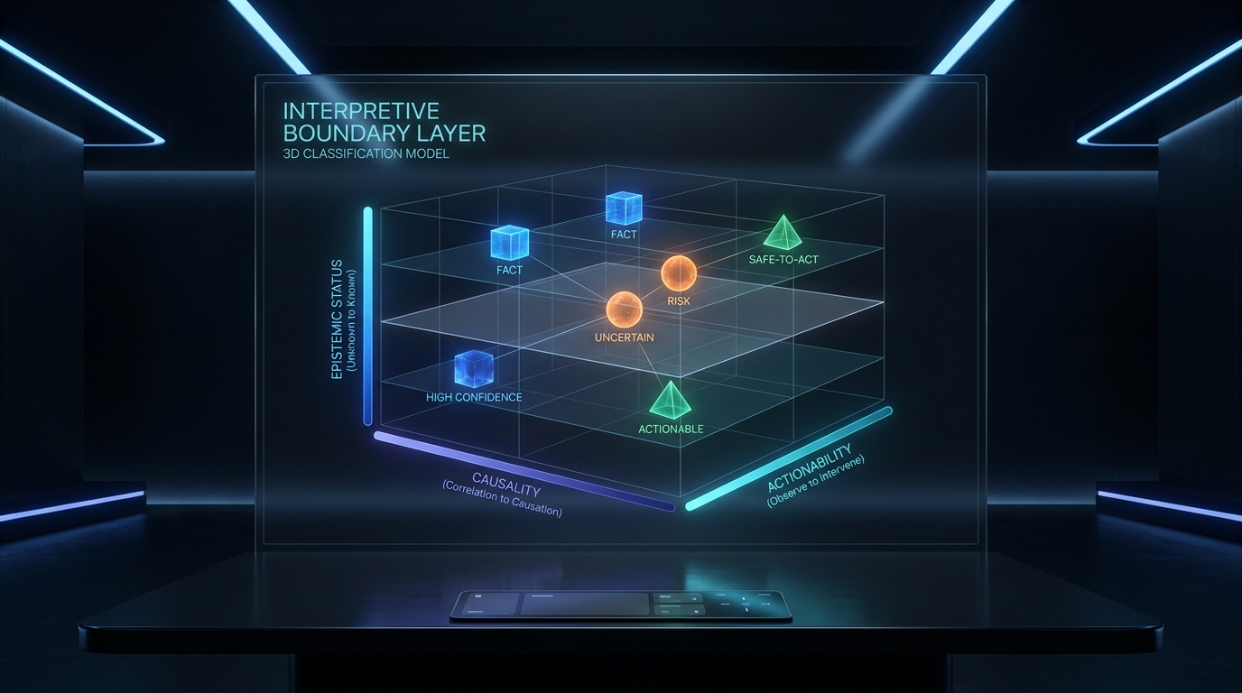 Three-dimensional interpretive boundary classification model showing epistemic status, causality, and actionability axes with objects positioned in the classification space