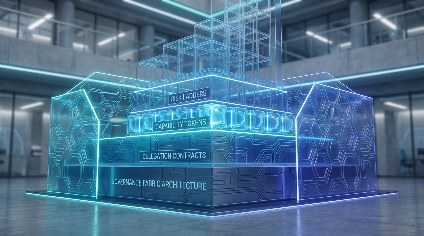 Layered governance architecture showing delegation contracts, capability tokens, authorization fabric, risk ladder, policy engine, and traceability as interconnected structural layers