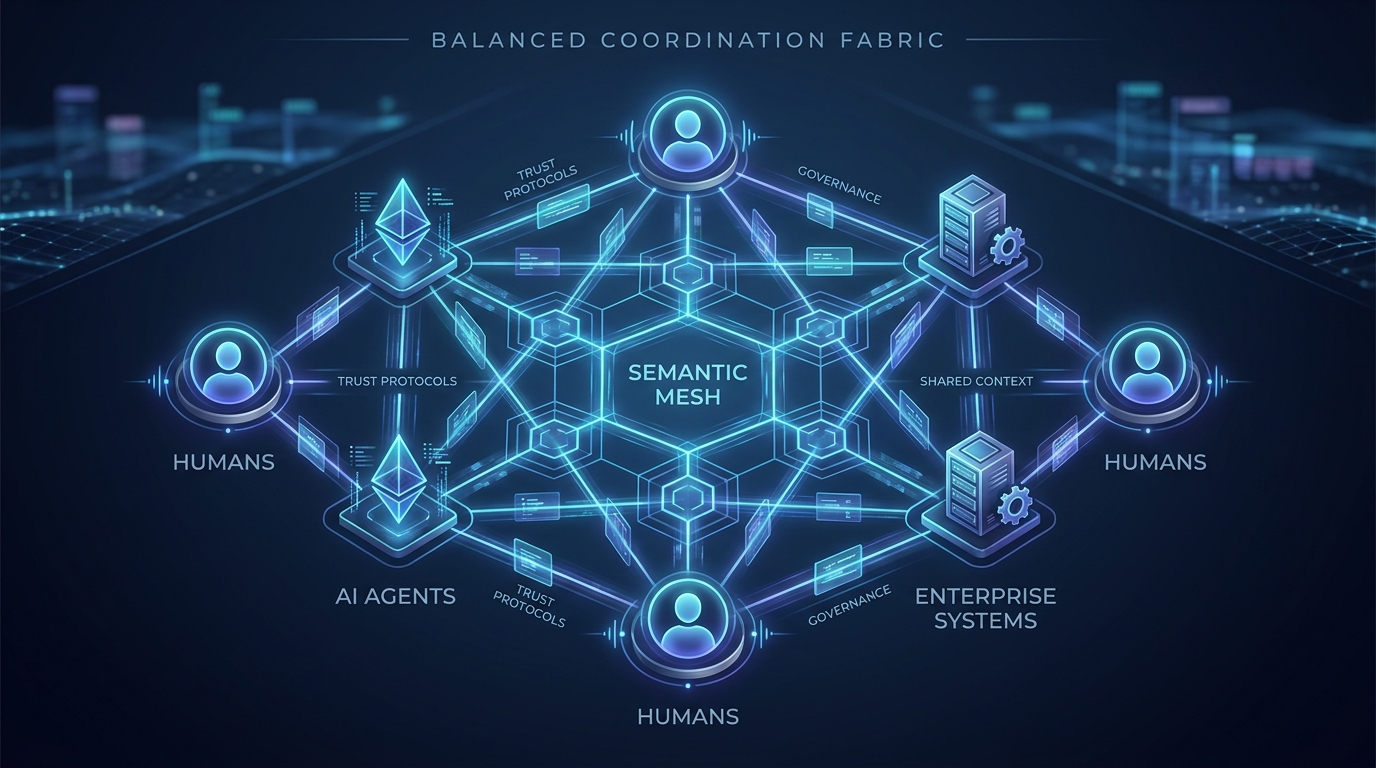 Governed coordination fabric showing humans, AI agents, and enterprise systems collaborating through a shared semantic operational layer with governance controls