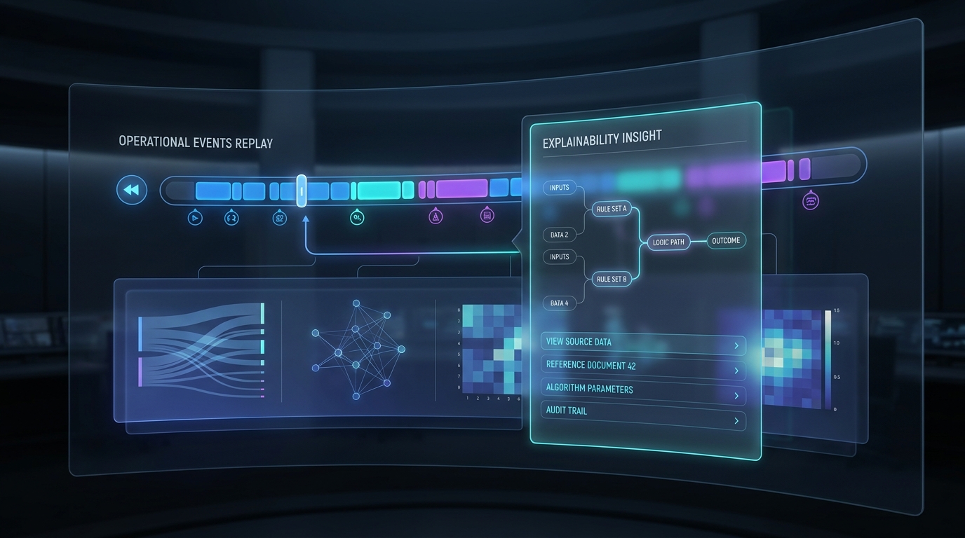 Replay and explainability architecture showing how any decision can be rewound and examined with full evidence context, reasoning chain, and authorization history