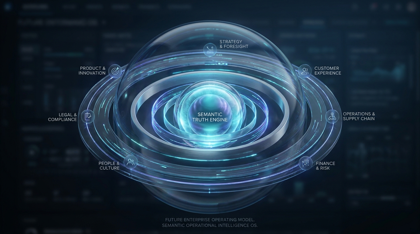 Future enterprise operating model showing a semantic operational intelligence system as the foundational layer connecting all enterprise functions, decisions, and actions