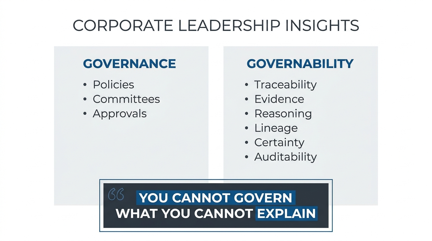 Governance versus governability — policies and committees on one side; traceability, evidence, reasoning, lineage, certainty, and auditability on the other.