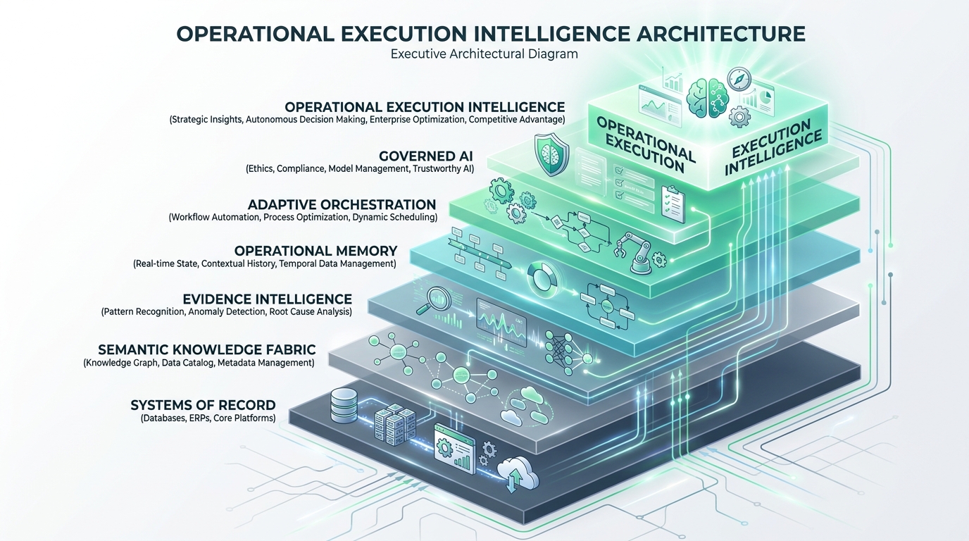 Layered architecture for operational execution intelligence — systems of record, semantic knowledge fabric, evidence intelligence, operational memory, adaptive orchestration, governed AI.
