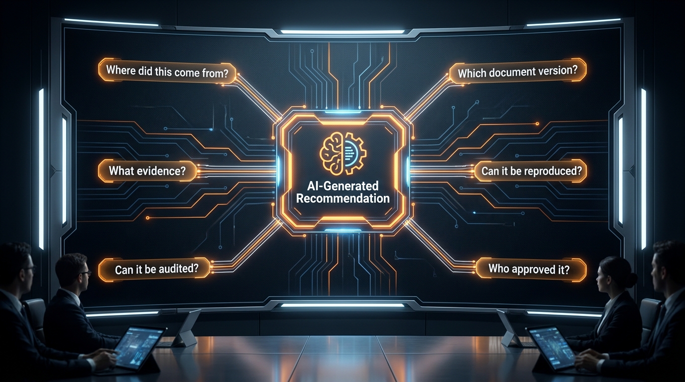 Questions every regulator will ask of an AI-generated recommendation — where it came from, which version, what evidence, can it be reproduced and audited.