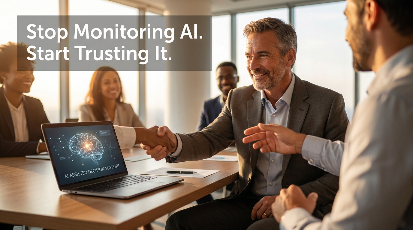 A professional making a confident decision with AI-grounded evidence in view