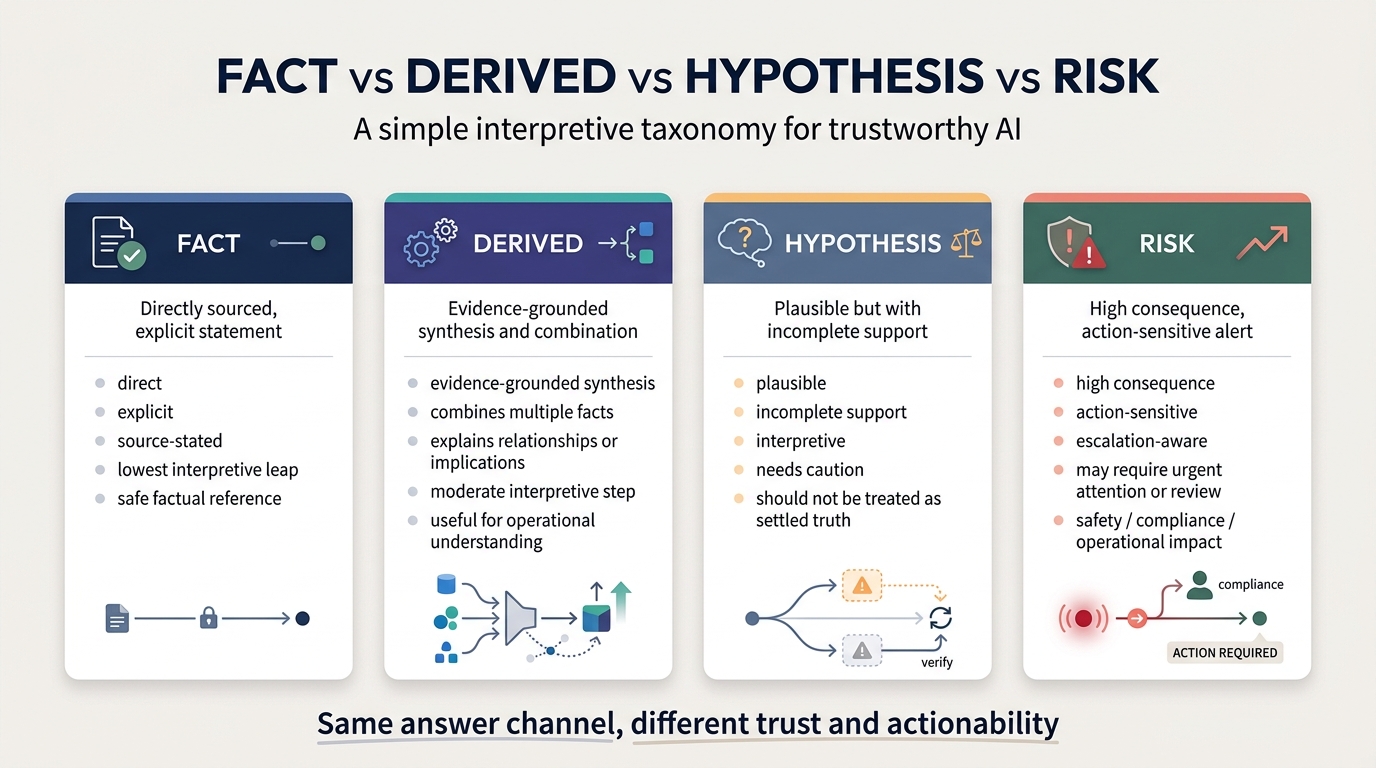 The certainty tiers at a glance — FACT, DERIVED, HYPOTHESIS, CONJECTURE — shown side by side
