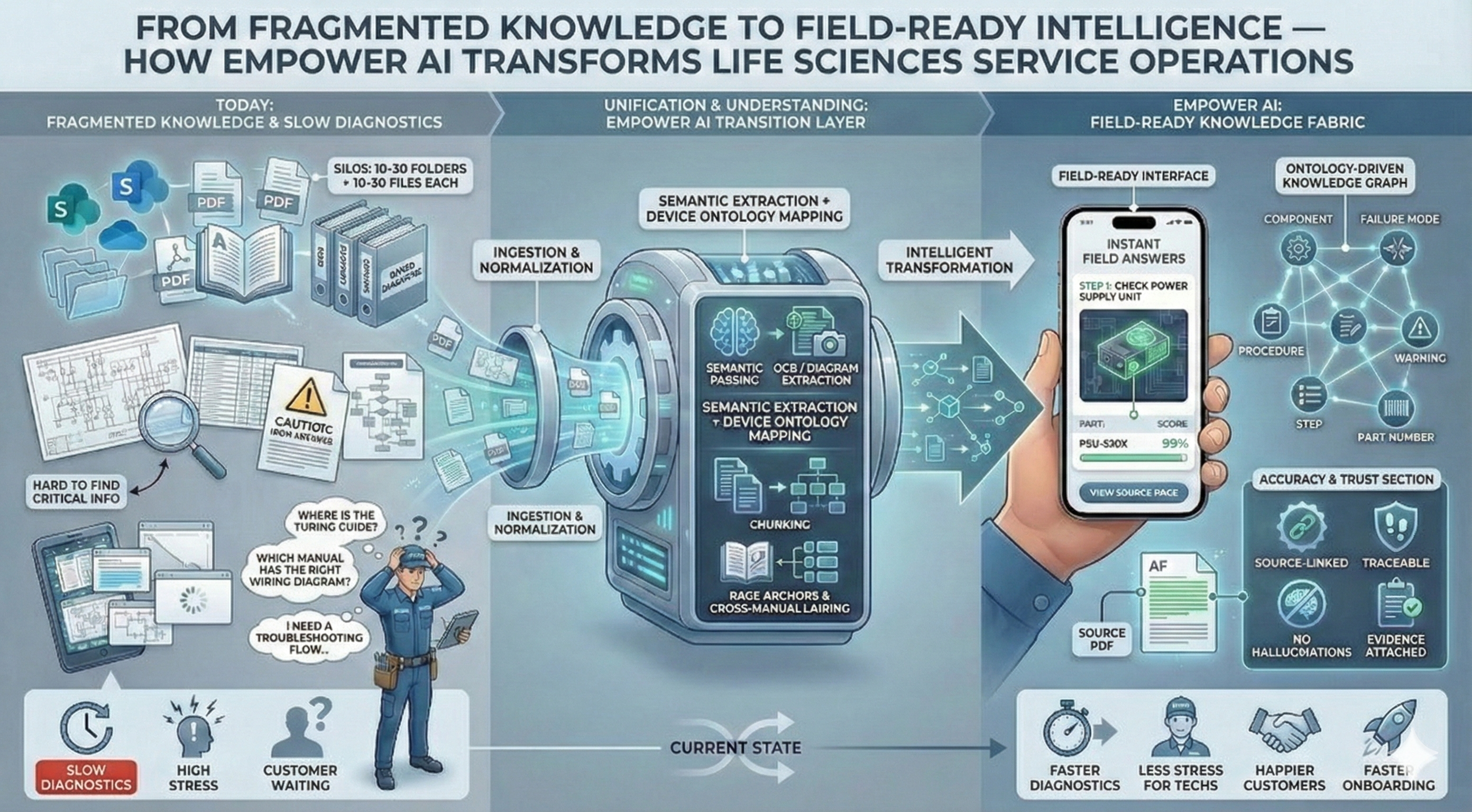 End-to-end field service and support knowledge flow