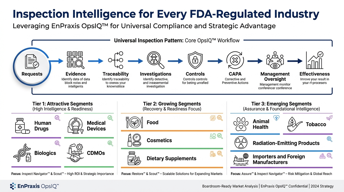 Market overview infographic listing FDA-regulated industries above a universal inspection pattern flowing from requests through evidence, traceability, investigations, controls, CAPA, management oversight, and effectiveness.