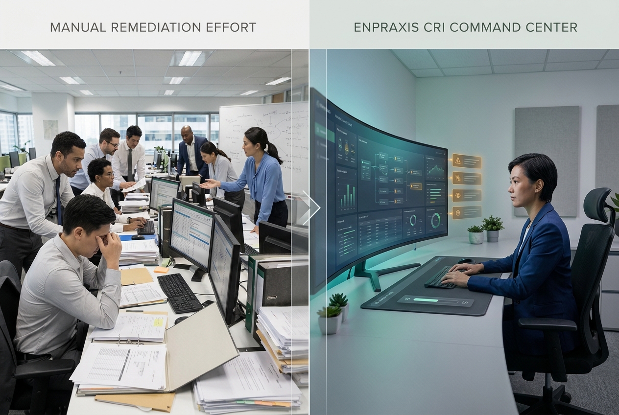 Contrast between overloaded manual quality remediation and a governed CRI diagnostic workflow.