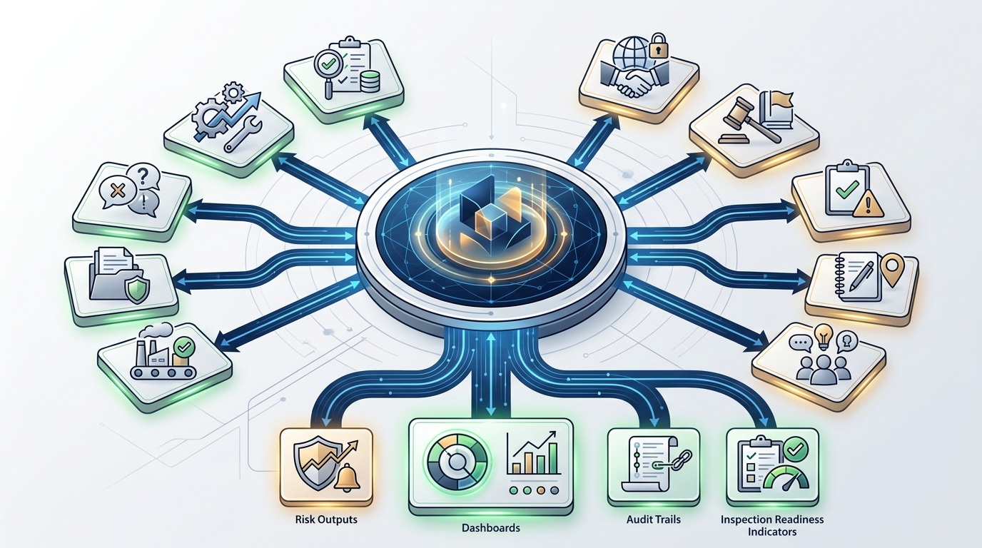 A governed map connecting QMS, CAPA, complaints, documentation, manufacturing, supplier quality, regulatory, and institutional knowledge into CRI understanding.