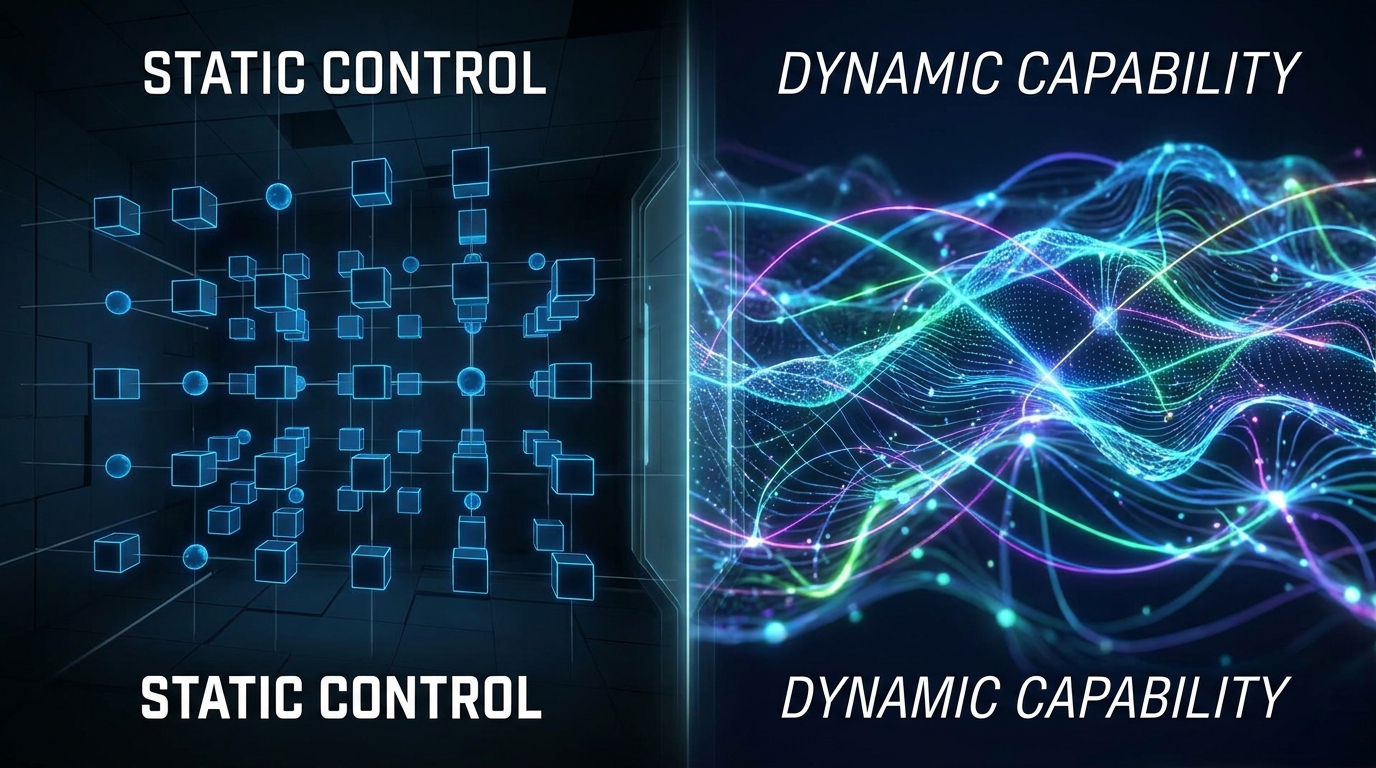 Split view comparing static governance dashboards with dynamic governed execution