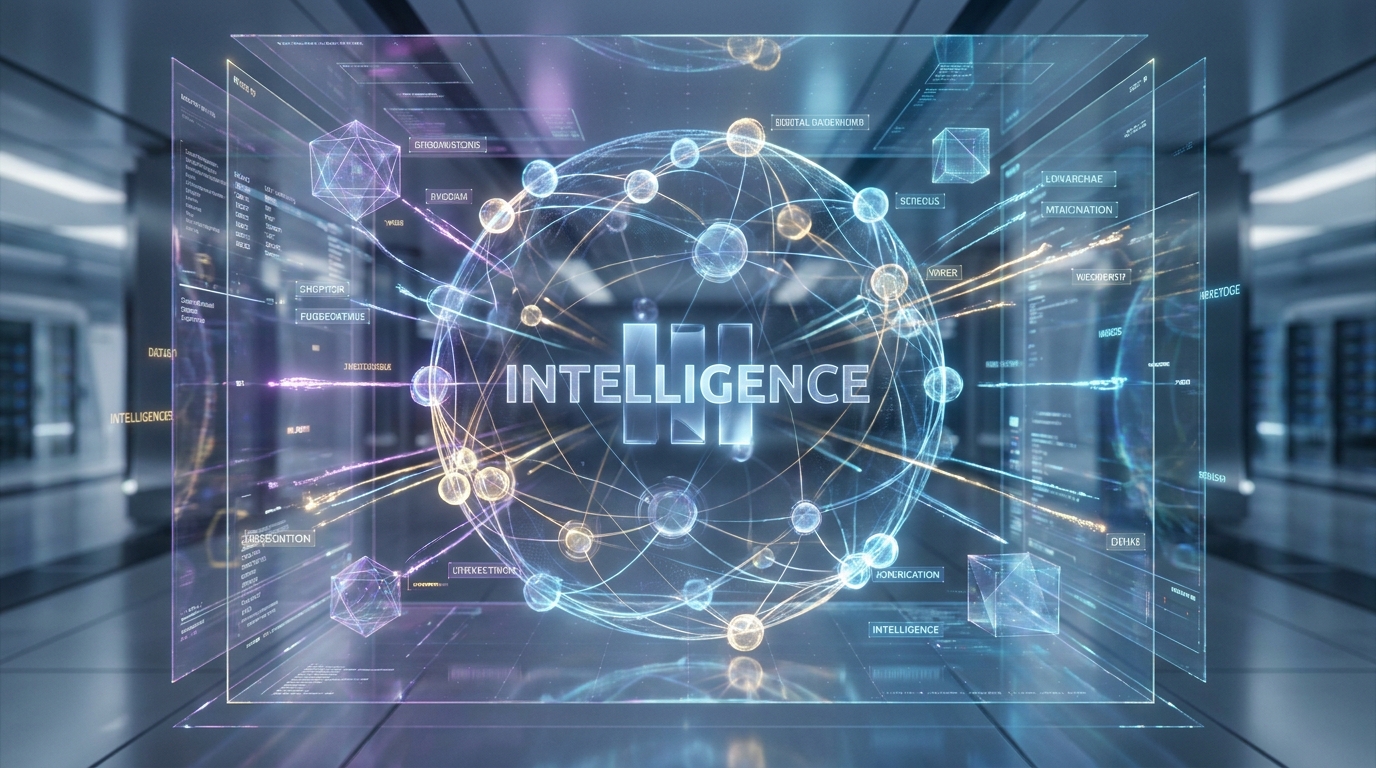 A glowing semantic network where AI outputs are grounded, cited, and policy-aligned