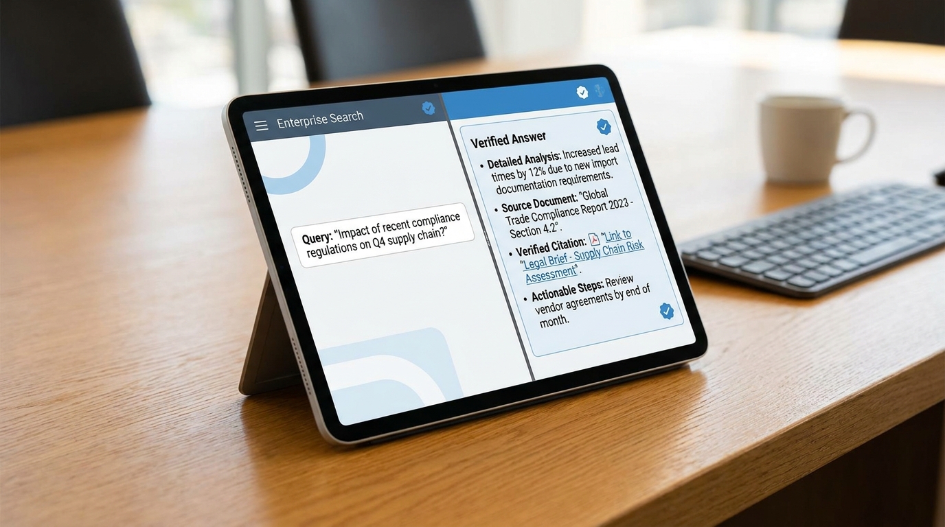 Enterprise AI interface showing a verified answer with citations and highlighted source documents