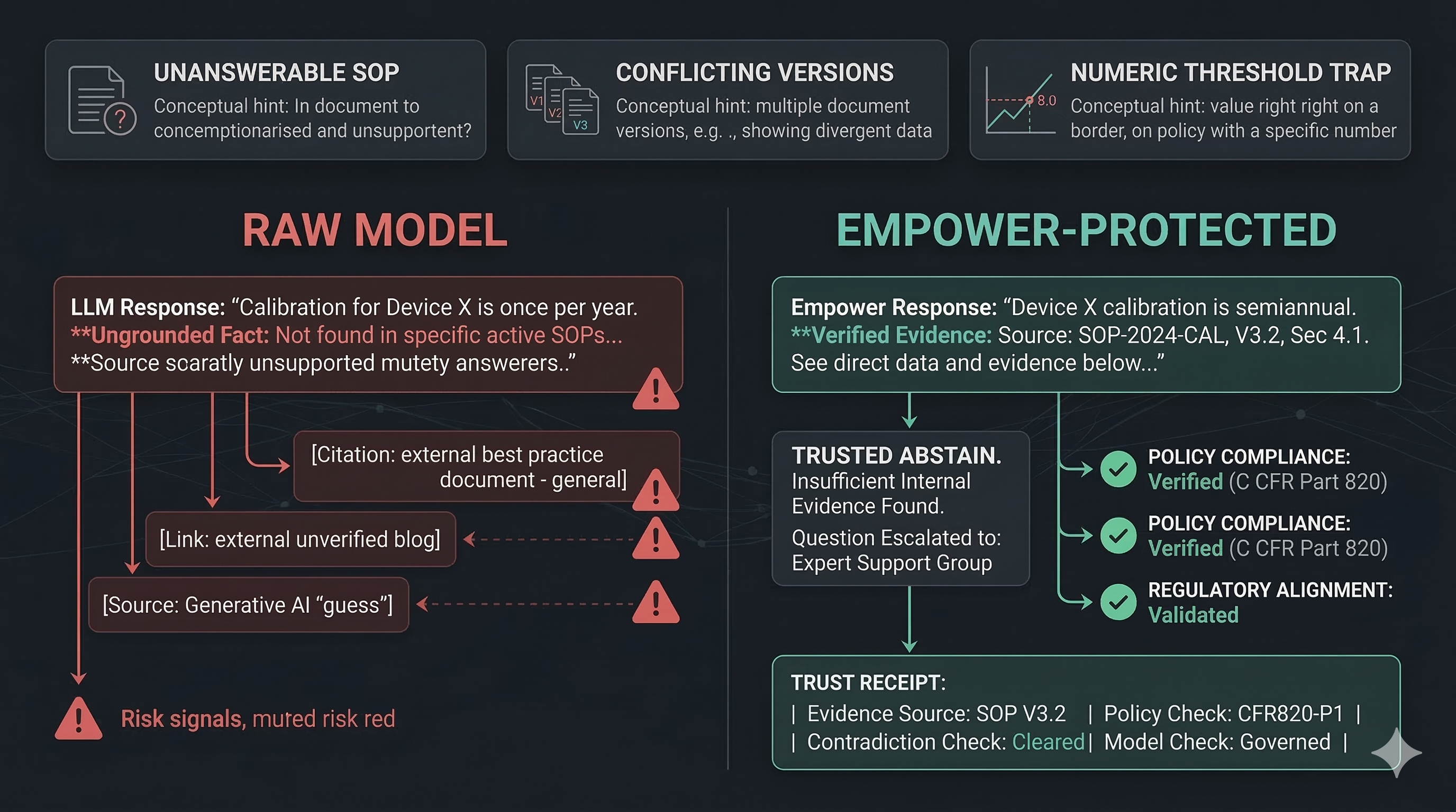 Hallucination Gauntlet — side-by-side comparison of raw model versus Empower-governed model on high-risk enterprise scenarios