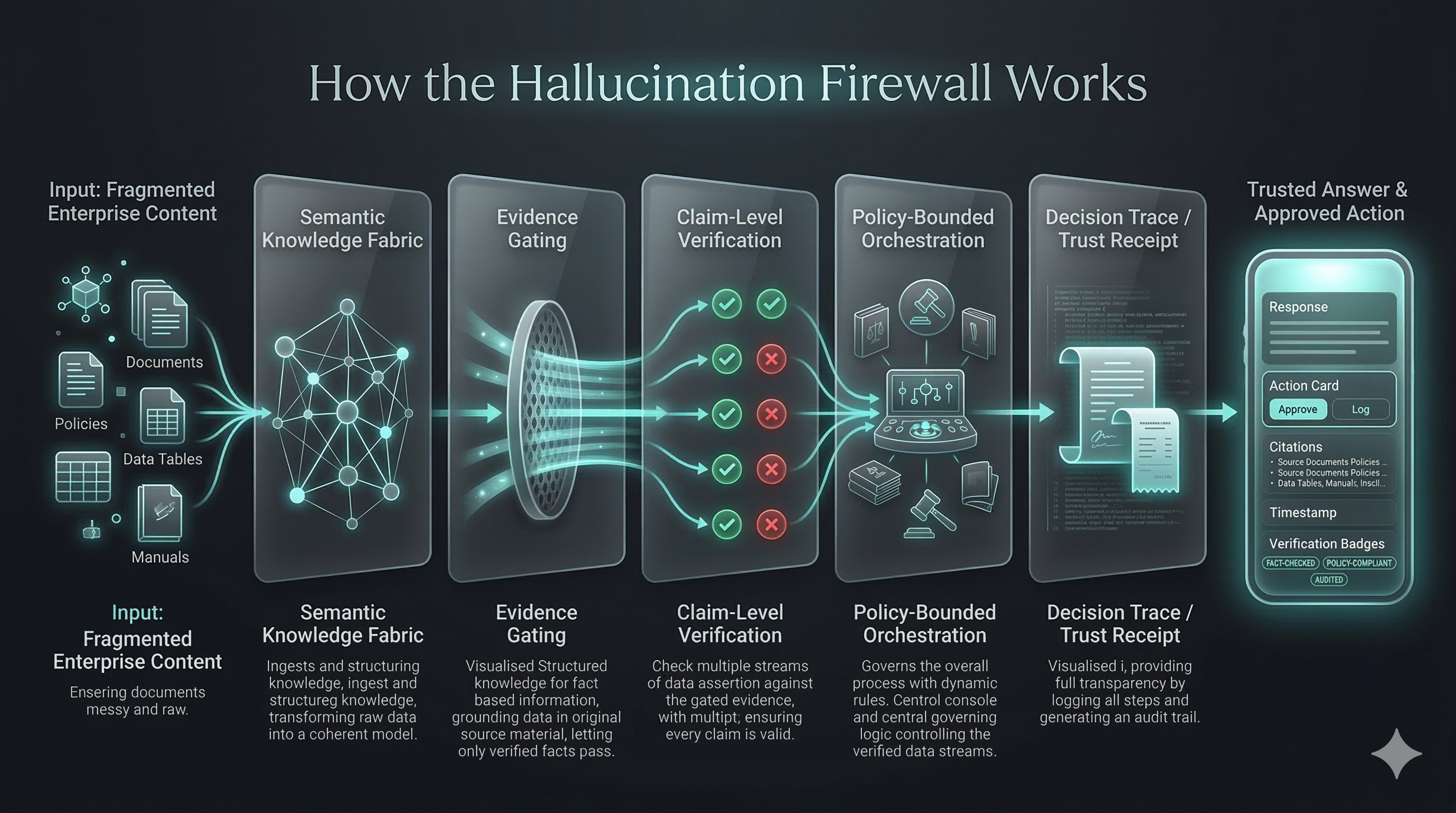 Empower Hallucination Firewall architecture — semantic grounding, evidence gating, claim verification, policy enforcement, and Trust Receipt