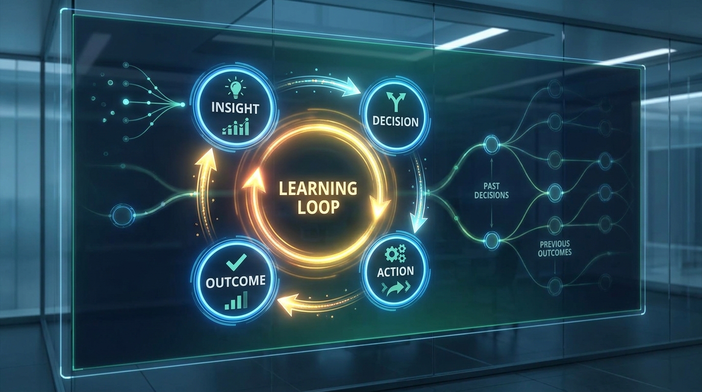 A feedback loop connecting decisions, outcomes, and continuous learning
