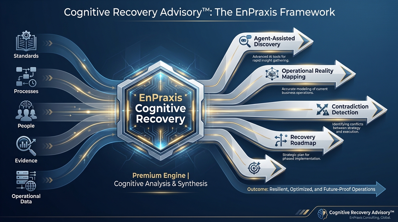 Cognitive Recovery Advisory model: standards, processes, people, evidence, and operational data feeding agent-assisted discovery, operational reality mapping, contradiction detection, a recovery roadmap, and focused recovery actions.