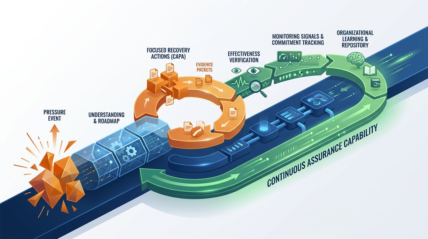 The continuous Restore to Assure loop: remediating and closing gaps under pressure, then sustaining readiness through monitoring, recurrence detection, and institutional memory on the EnPraxis platform.
