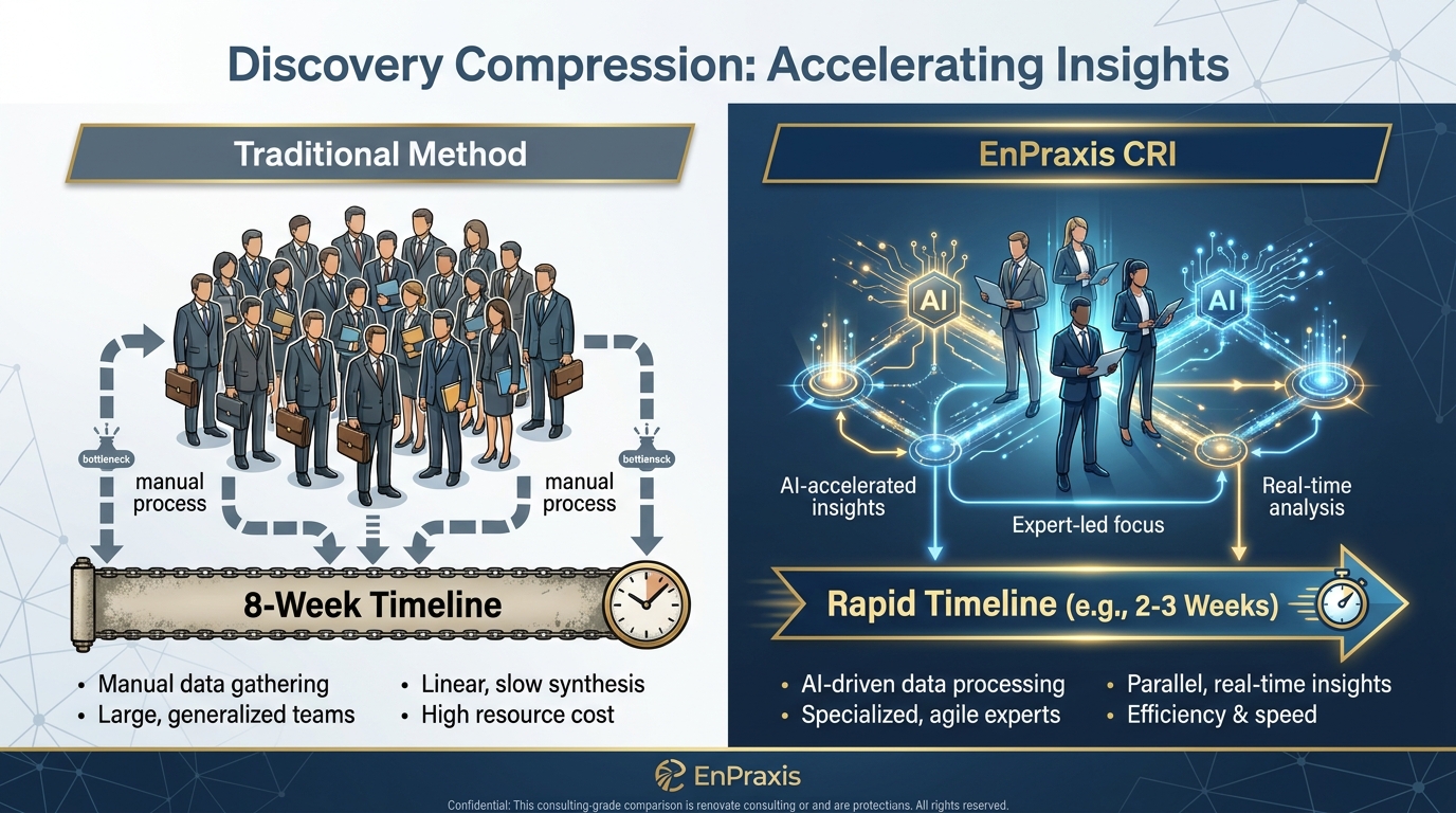 Discovery compression: a traditional team of twenty consultants over eight weeks contrasted with three to five experts supported by agent-assisted discovery.