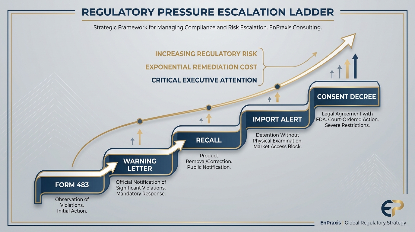 Regulatory pressure escalation ladder from Form 483 to Warning Letter, recall, import alert, and consent decree, with increasing risk, remediation cost, and executive attention.