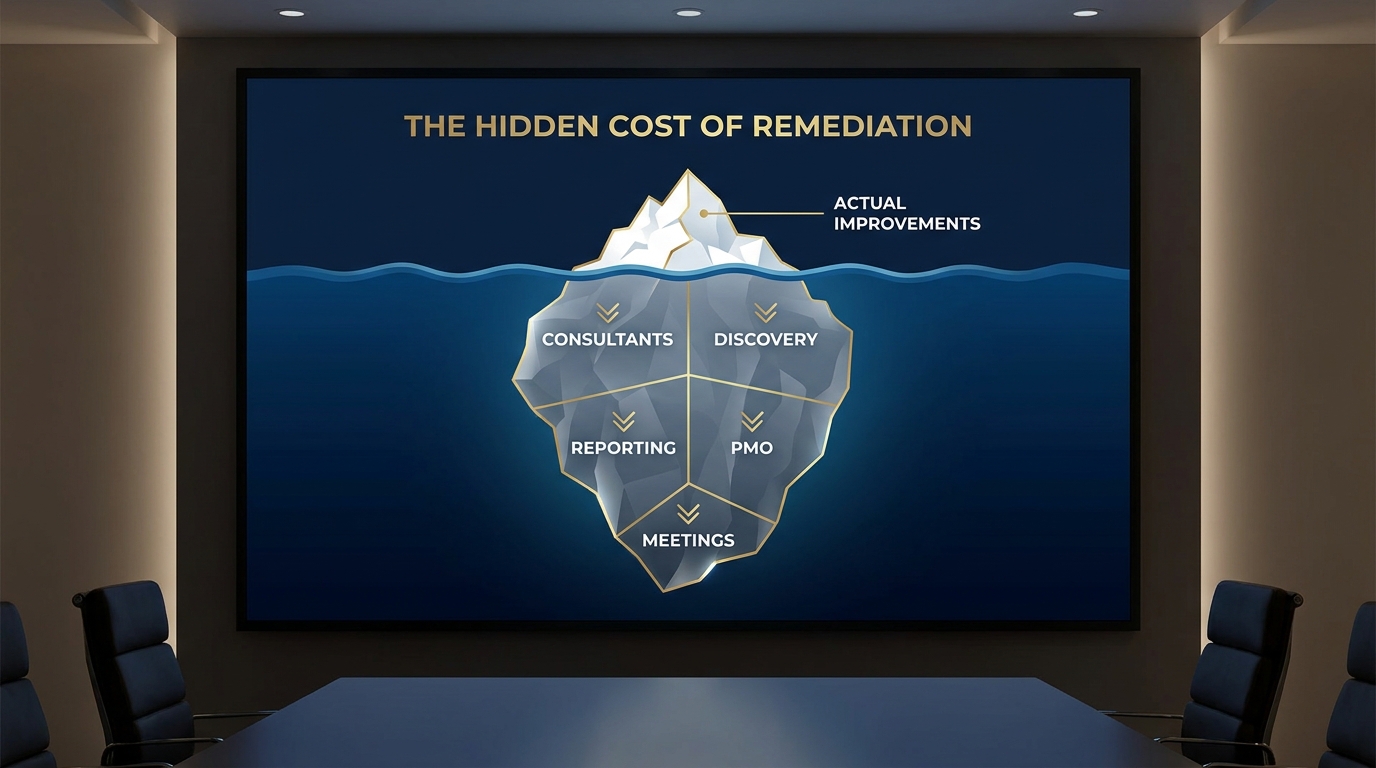 The hidden cost of remediation: consultants, discovery, reporting, PMO, and meetings consuming most of the budget while actual improvements remain a small fraction.