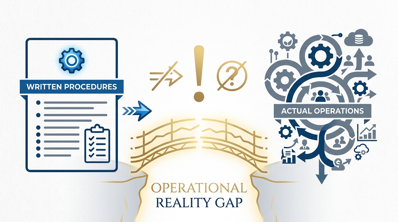 The operational reality gap: written procedures contrasted against actual operations, with contradictions highlighted between the two.