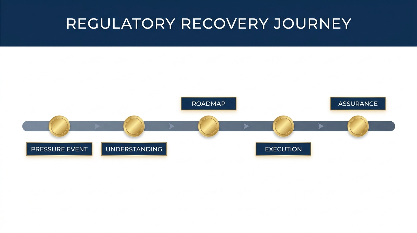 The regulatory recovery journey moving from pressure event through understanding, roadmap, execution, and assurance.