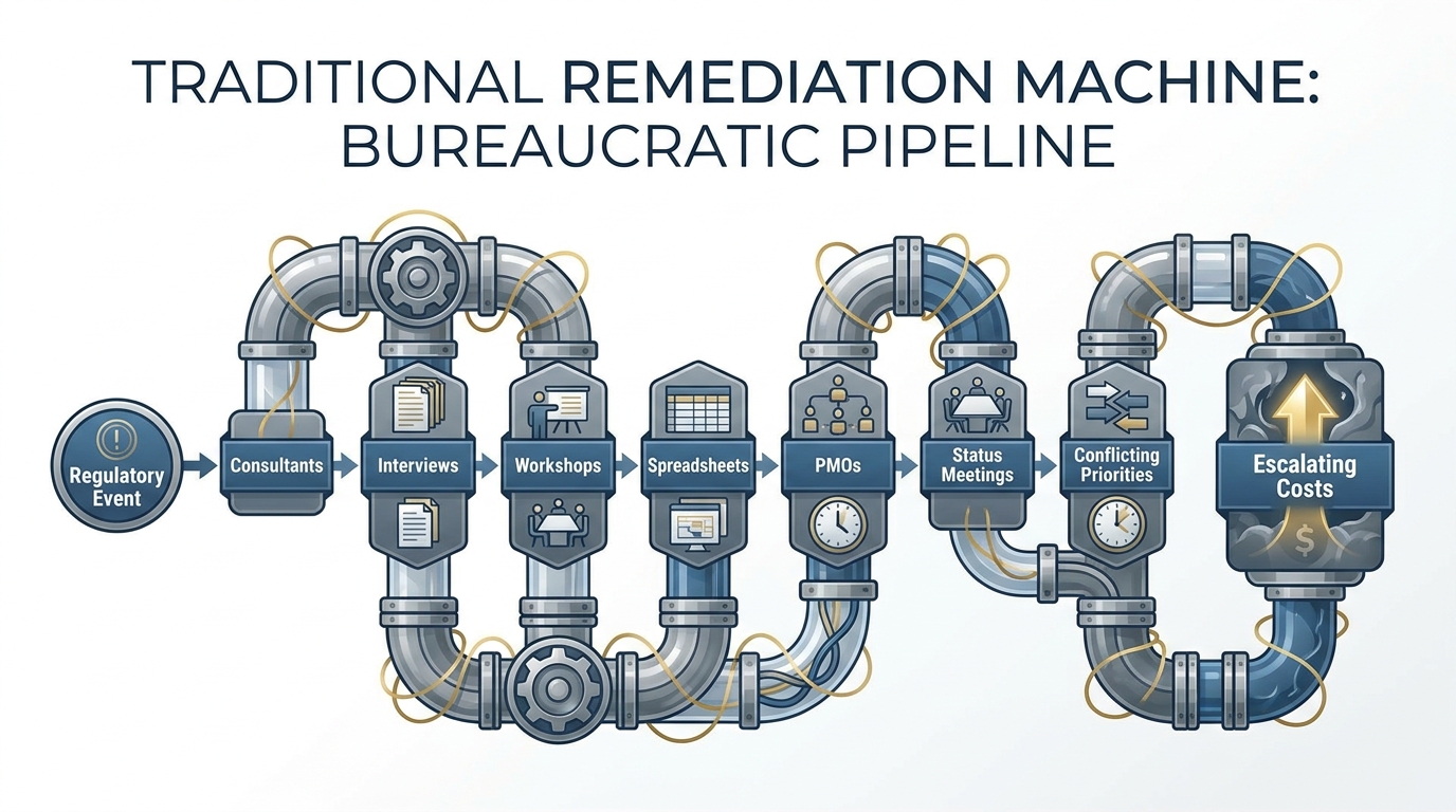 The traditional remediation machine: regulatory event flowing through consultants, interviews, workshops, spreadsheets, PMOs, status meetings, and conflicting priorities into escalating costs.