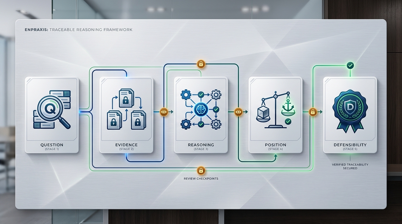 The EnPraxis traceable reasoning framework: five stages from Question to Defensibility, connected by verification checkpoints.