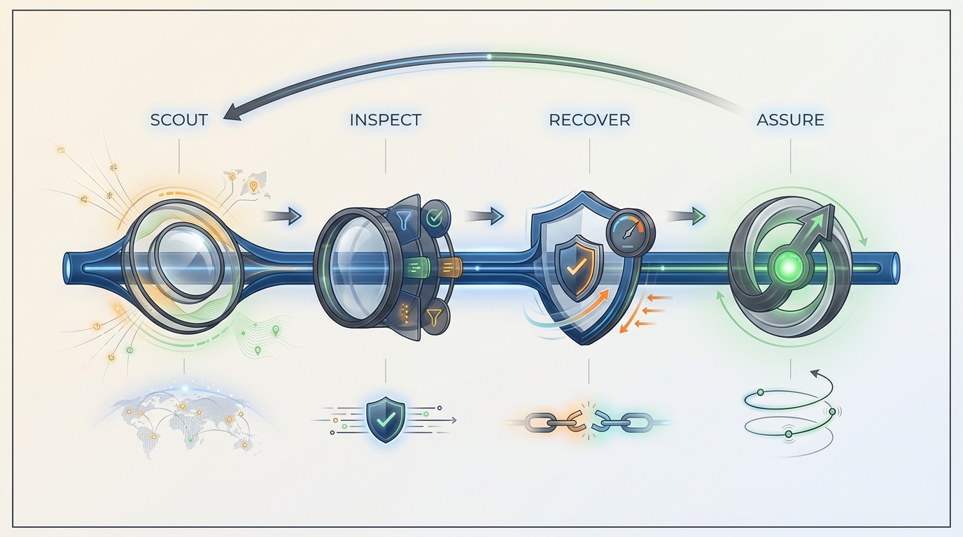 The EnPraxis operating model: a pipeline flowing through four stages — Scout, Inspect, Recover, and Assure — turning operational signals into governed, defensible outcomes.