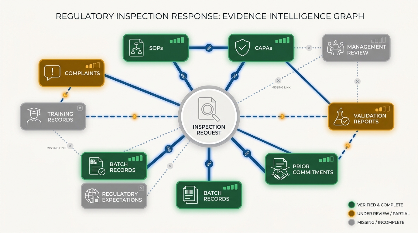 Evidence graph visualization with an inspection request at the center connected to SOPs, CAPAs, complaints, deviations, training records, validation reports, batch records, management review, regulatory requirements, and prior commitments, with traceability and evidence-quality scoring.