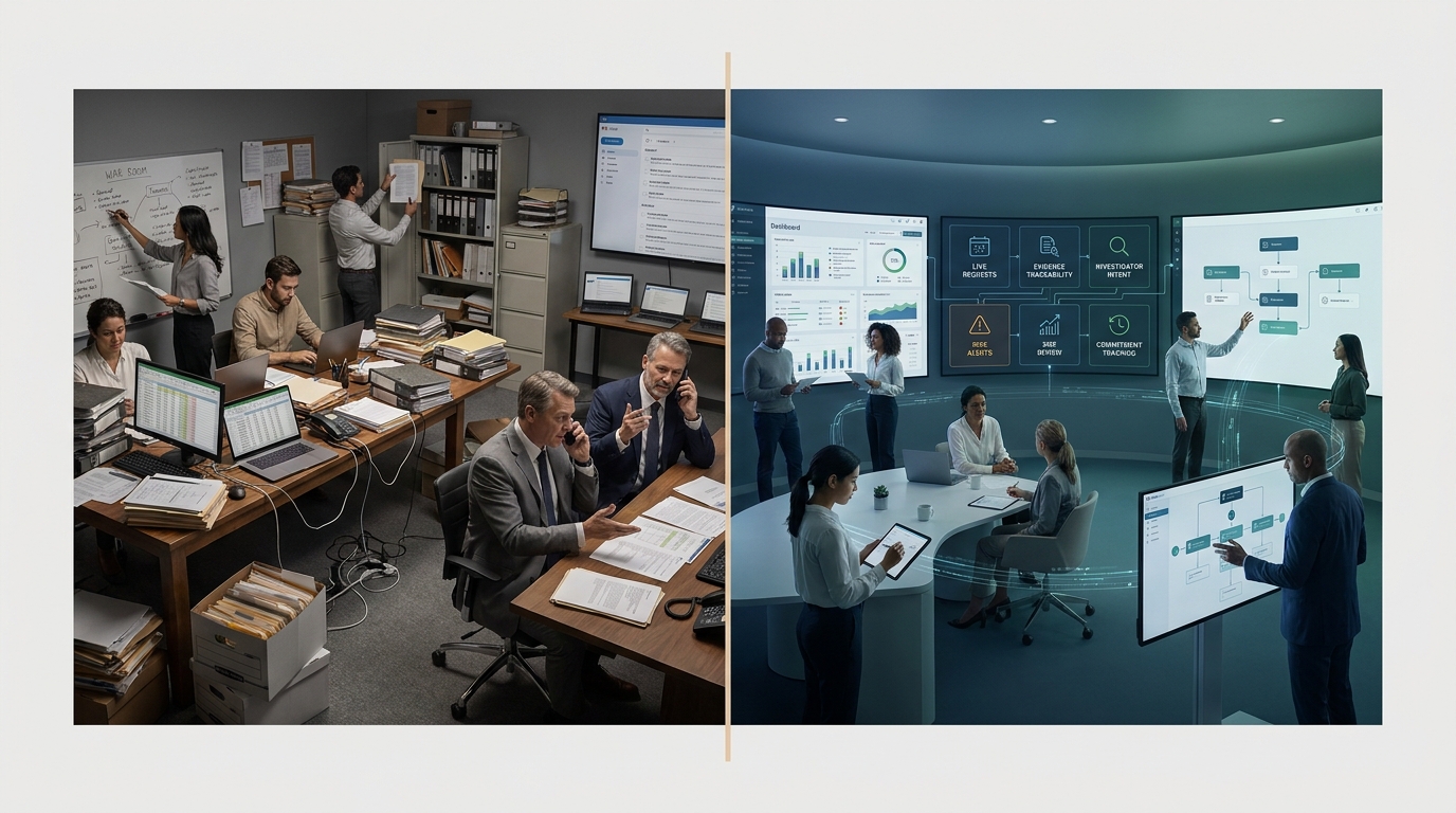 Split-screen comparison of a traditional inspection war room — email threads, spreadsheets, shared drives, sticky notes, and manual document hunting — versus Inspect Navigator's unified command center with live requests, evidence intelligence, investigator intent, risk alerts, and traceable response drafting.