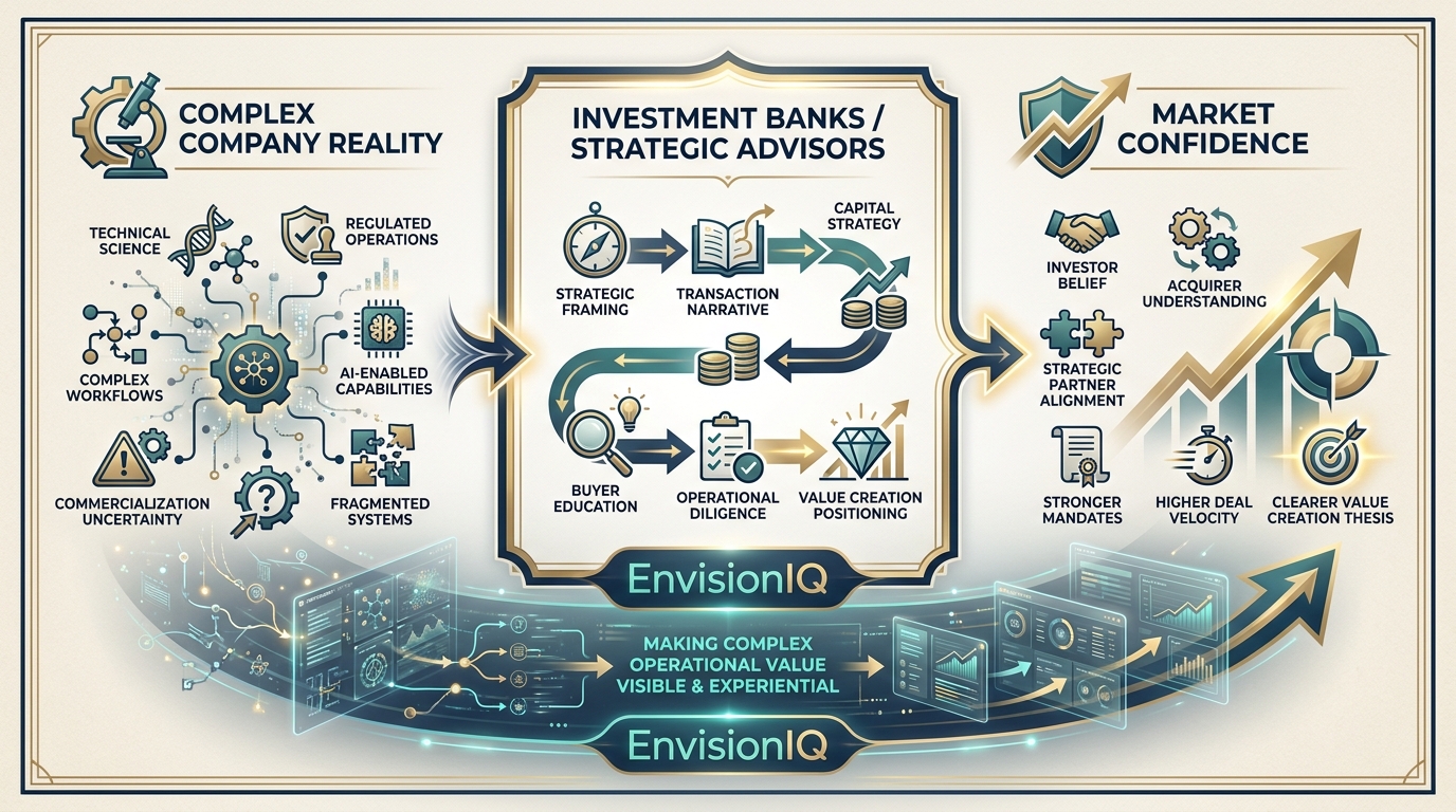 How investment banks and strategic advisors transform complex company reality into market confidence, with EnvisionIQ making operational value visible and experiential