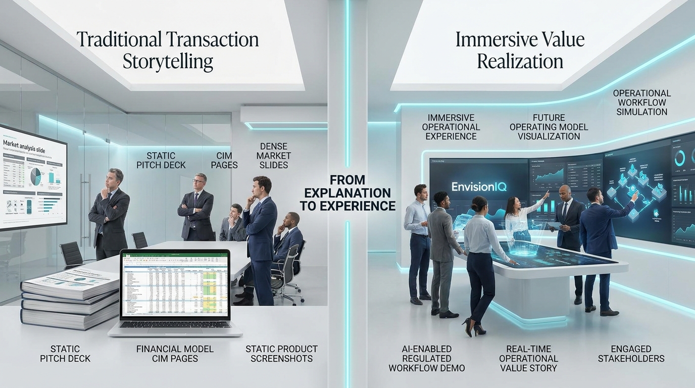 Split-screen comparison of traditional transaction storytelling versus immersive value realization with EnvisionIQ — from explanation to experience