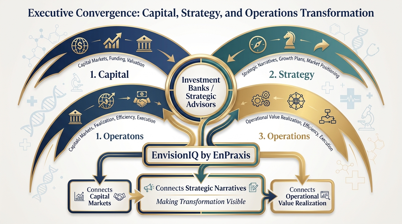 Capital, strategy, and operations converging at investment banks and strategic advisors, with EnvisionIQ by EnPraxis making transformation visible
