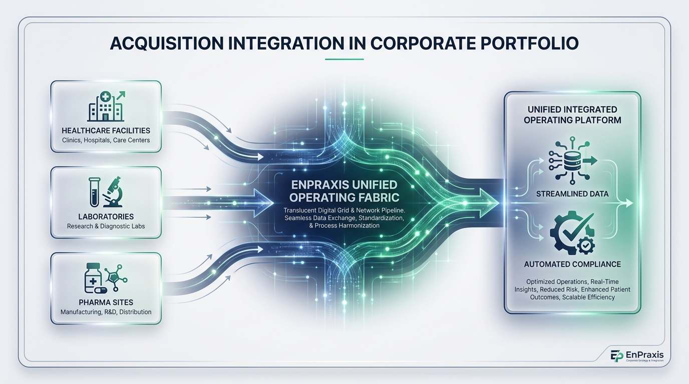 Acquisition integration flywheel — each acquired company mapped, de-risked, and standardized faster than the last as network intelligence compounds.