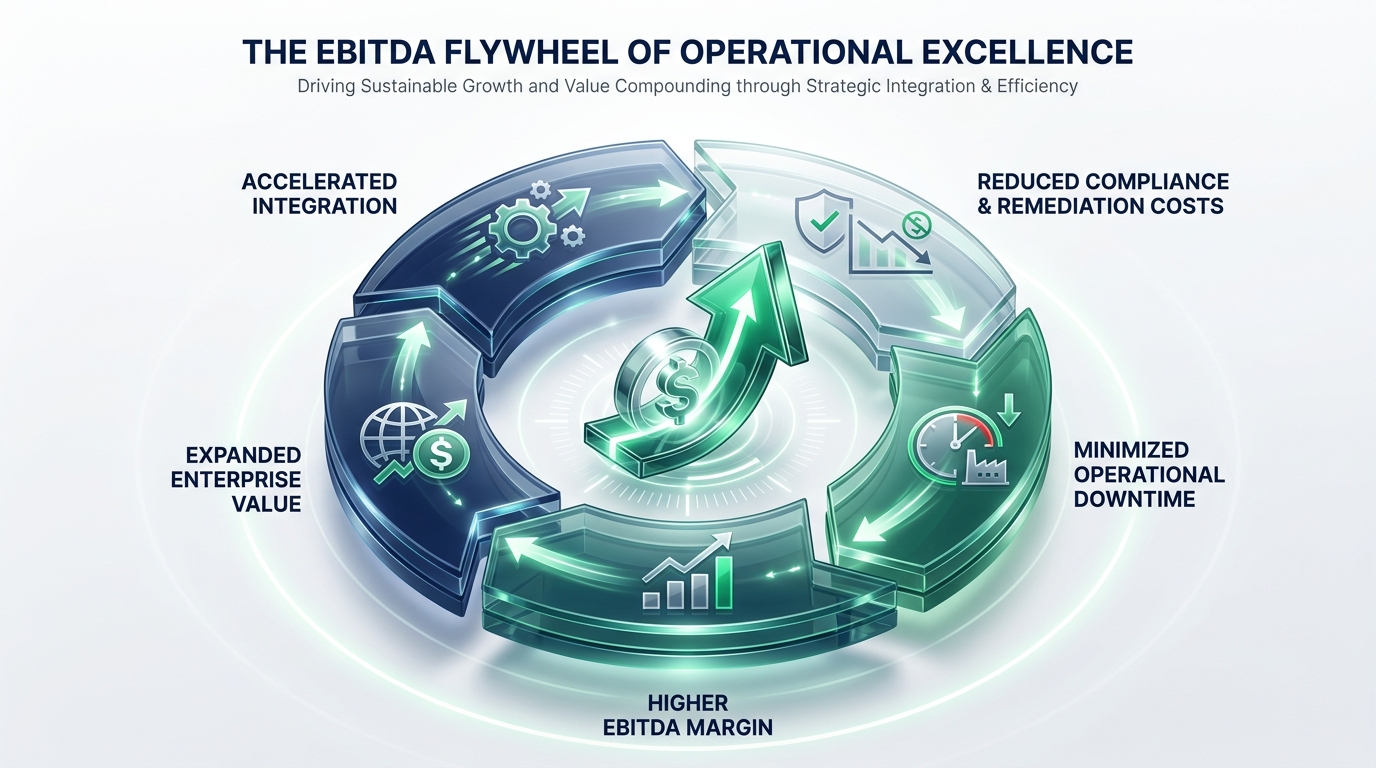 The EBITDA flywheel — operating intelligence protecting margin, lifting lagging sites, accelerating synergy capture, and de-risking diligence, compounding into enterprise value.
