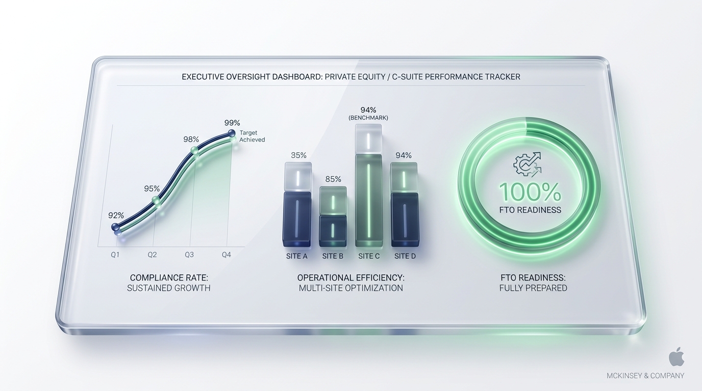 An executive operating view across a network of companies — site performance, risk concentration, and excellence gaps surfaced in one defensible picture for COOs and operating partners.