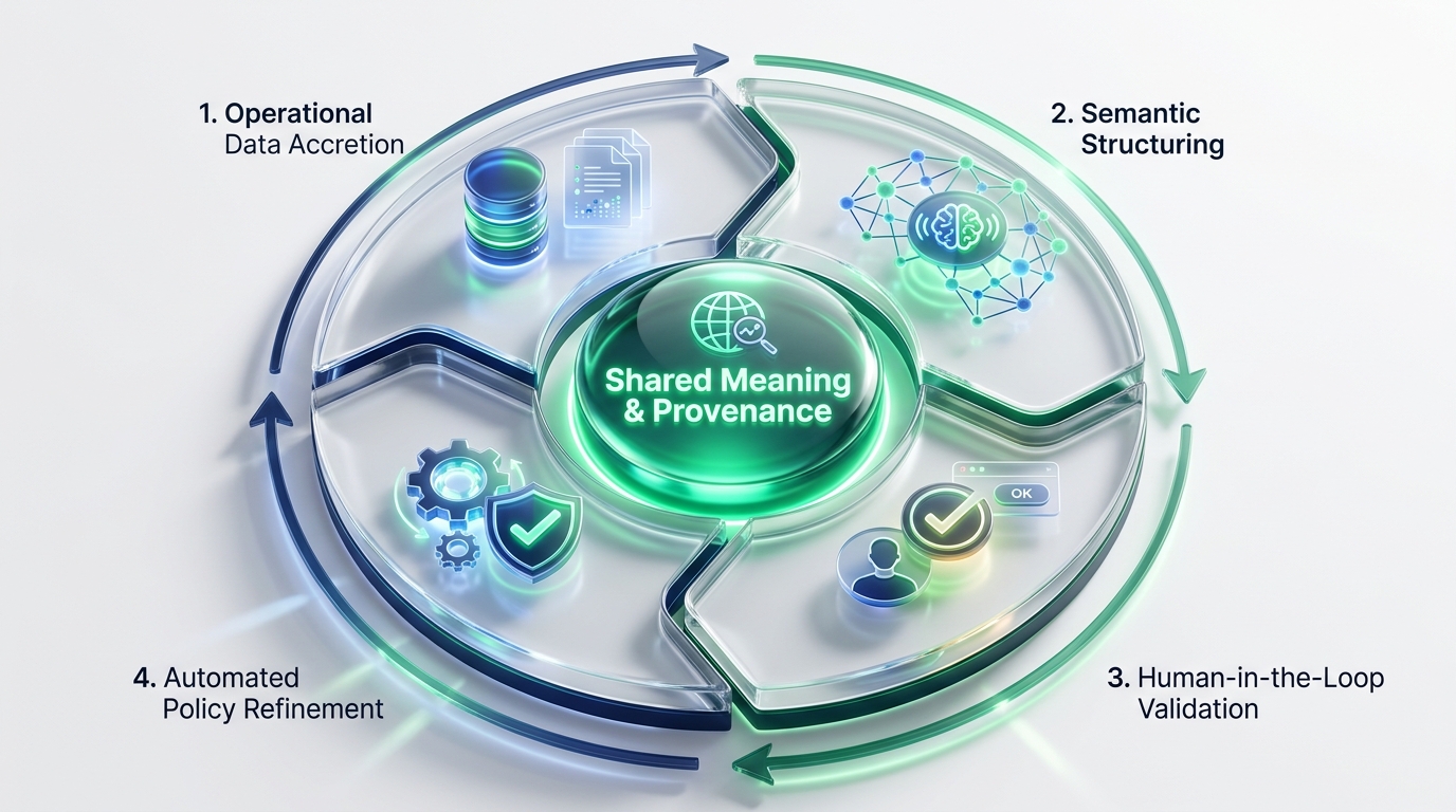 The knowledge flywheel — operating knowledge captured, standardized, and compounded across every company and facility in the network.