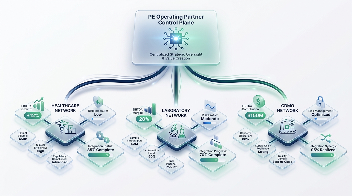 Portfolio intelligence across regulated operating networks — PE-backed healthcare platforms, 503B networks, CDMOs, specialty pharma, and laboratory networks viewed through one operating intelligence layer.