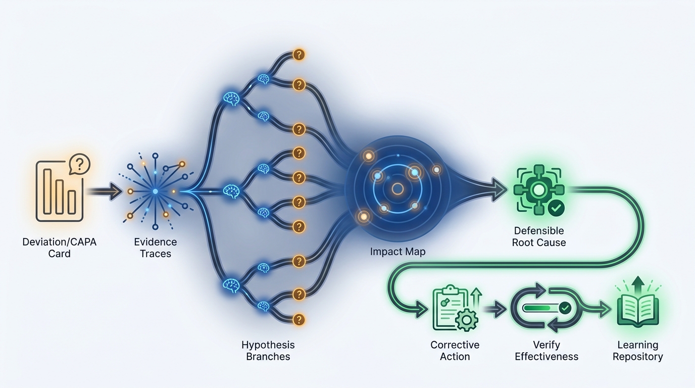 The deviation and CAPA cognition workflow — an investigation record moving through evidence gathering, governed reasoning, root-cause linkage, and a defensible position.