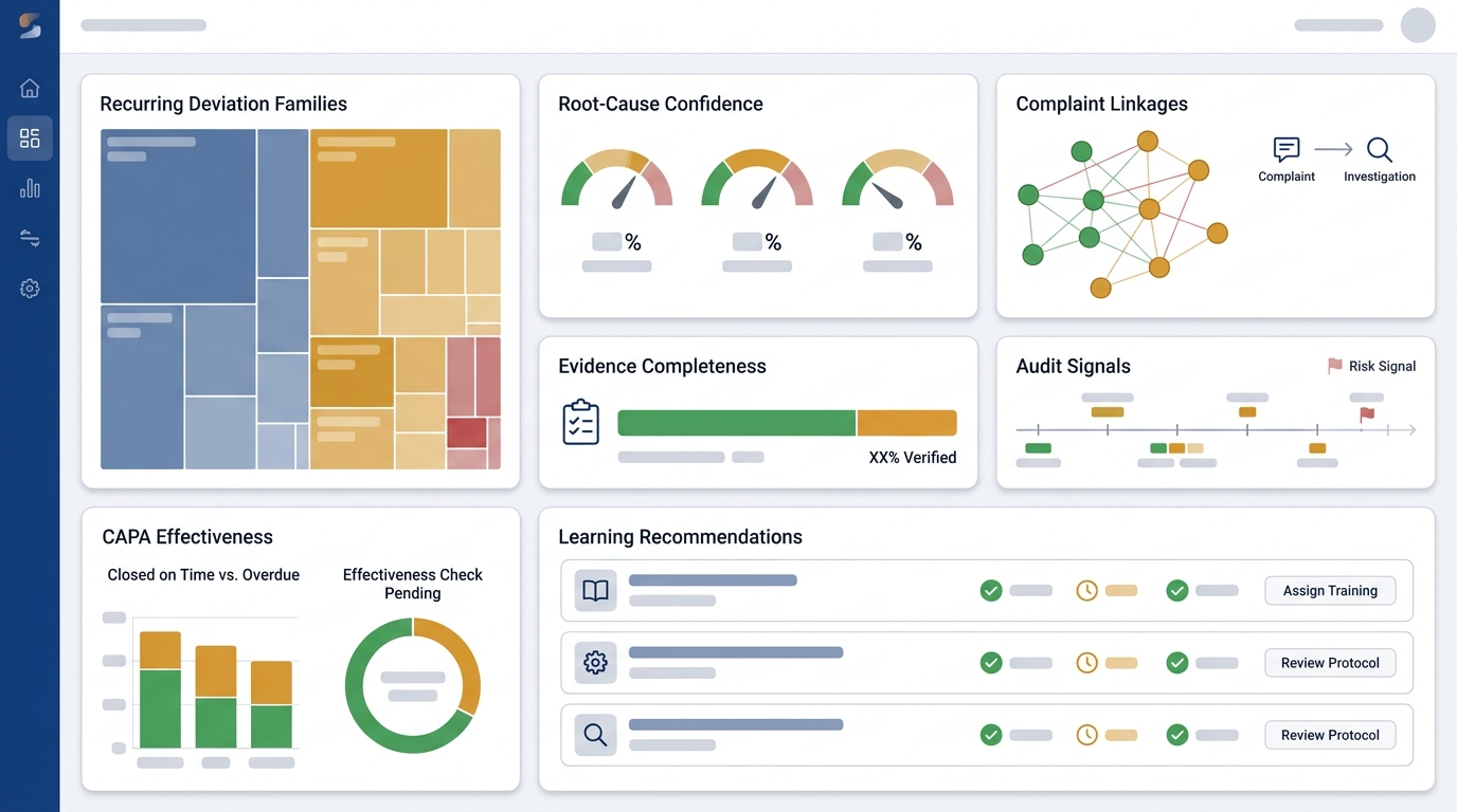 The Quality Intelligence dashboard — deviation and CAPA cognition, recurring-cause signals, and organizational learning coverage surfaced as a single defensible view.